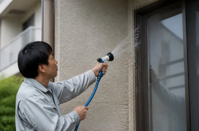 散水調査で雨漏りの原因を調べている場面