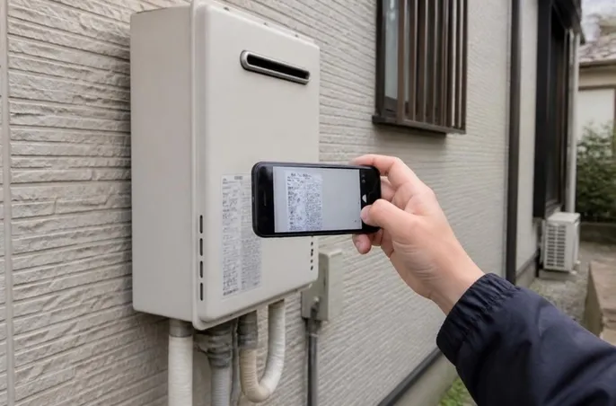 屋外に設置された給湯器と銘板